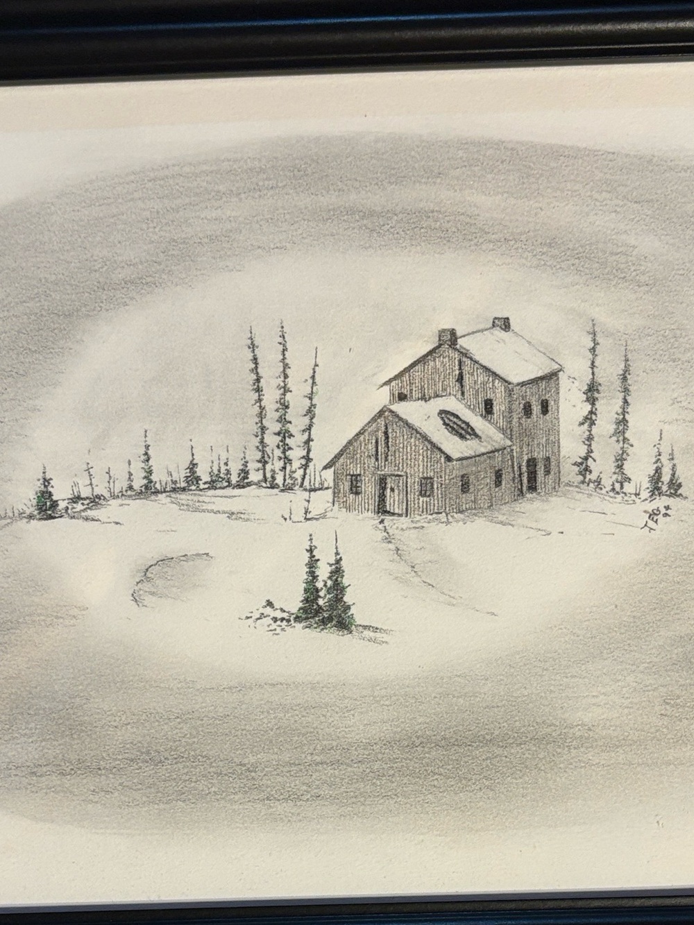 Vintage Hand Drawn Barn Winter Landscape Drawing Framed Artwork